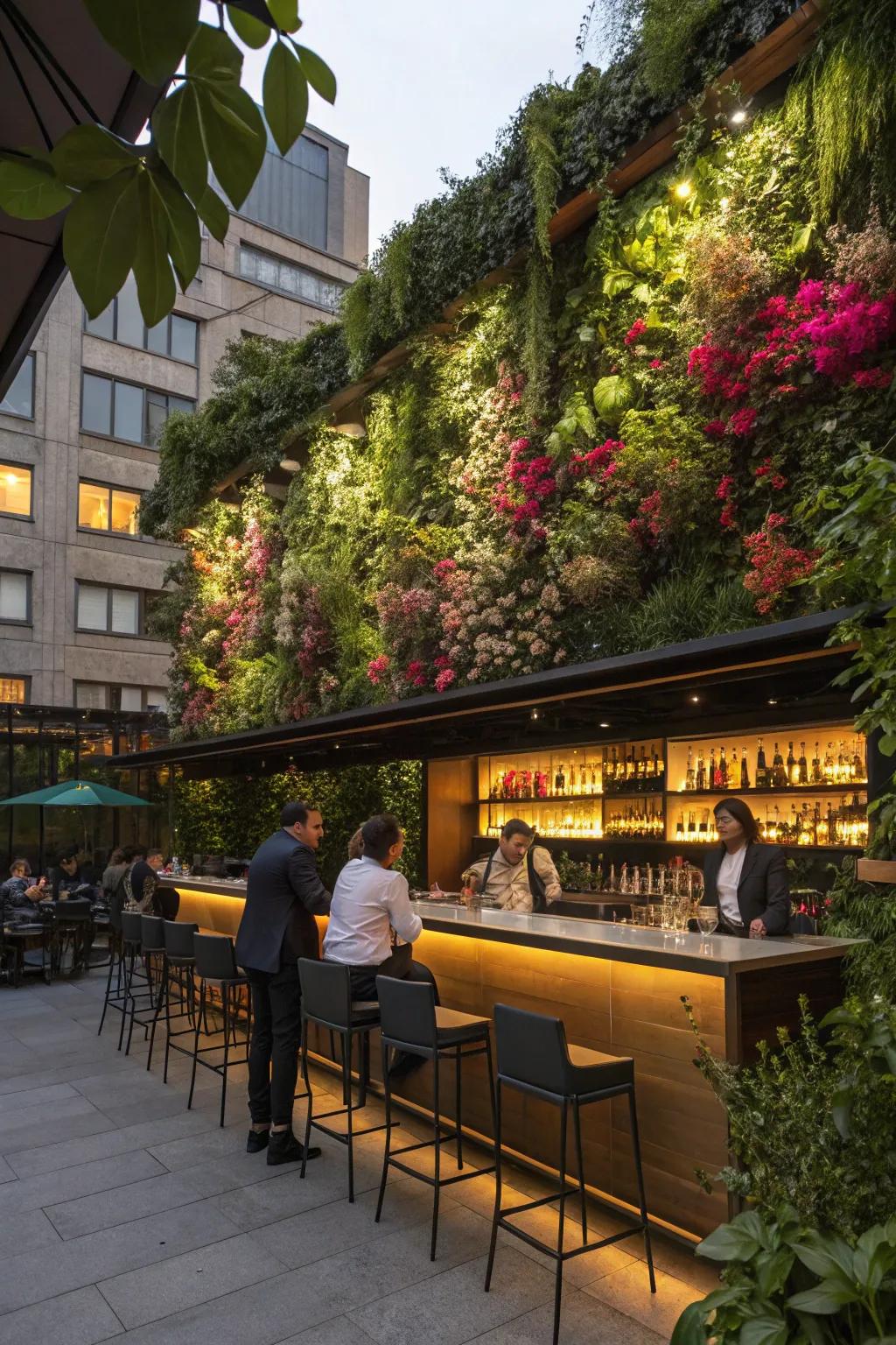 A vertical garden adds a lush, vibrant backdrop to this bar area.