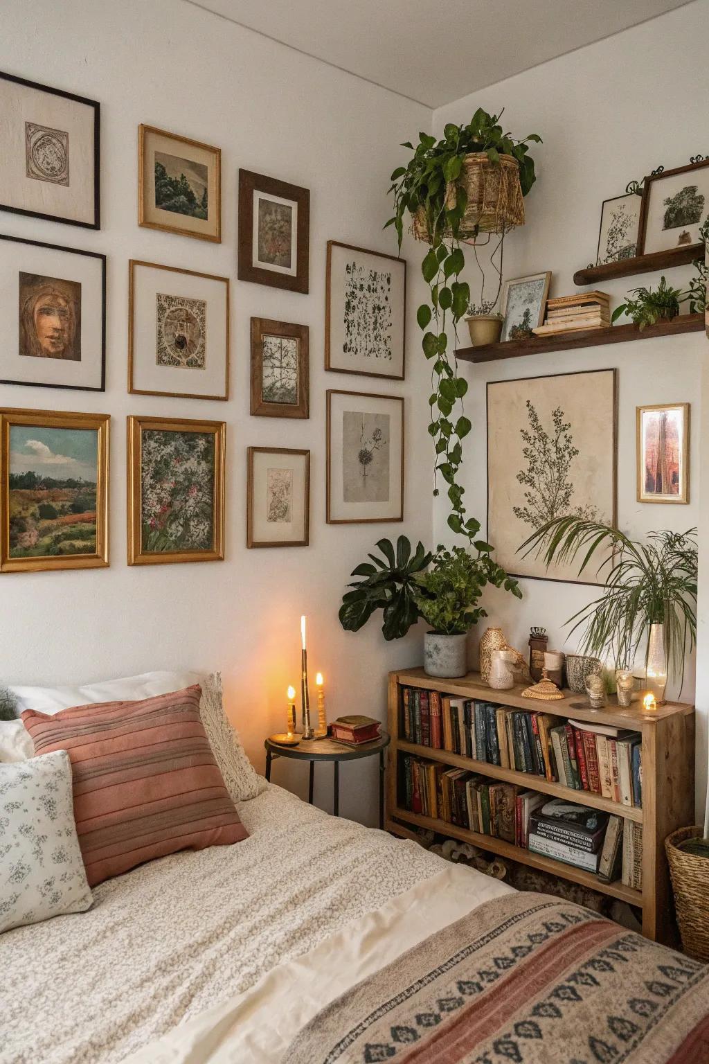 A display wall adds character and expresses personal style in a shabby chic bedroom.