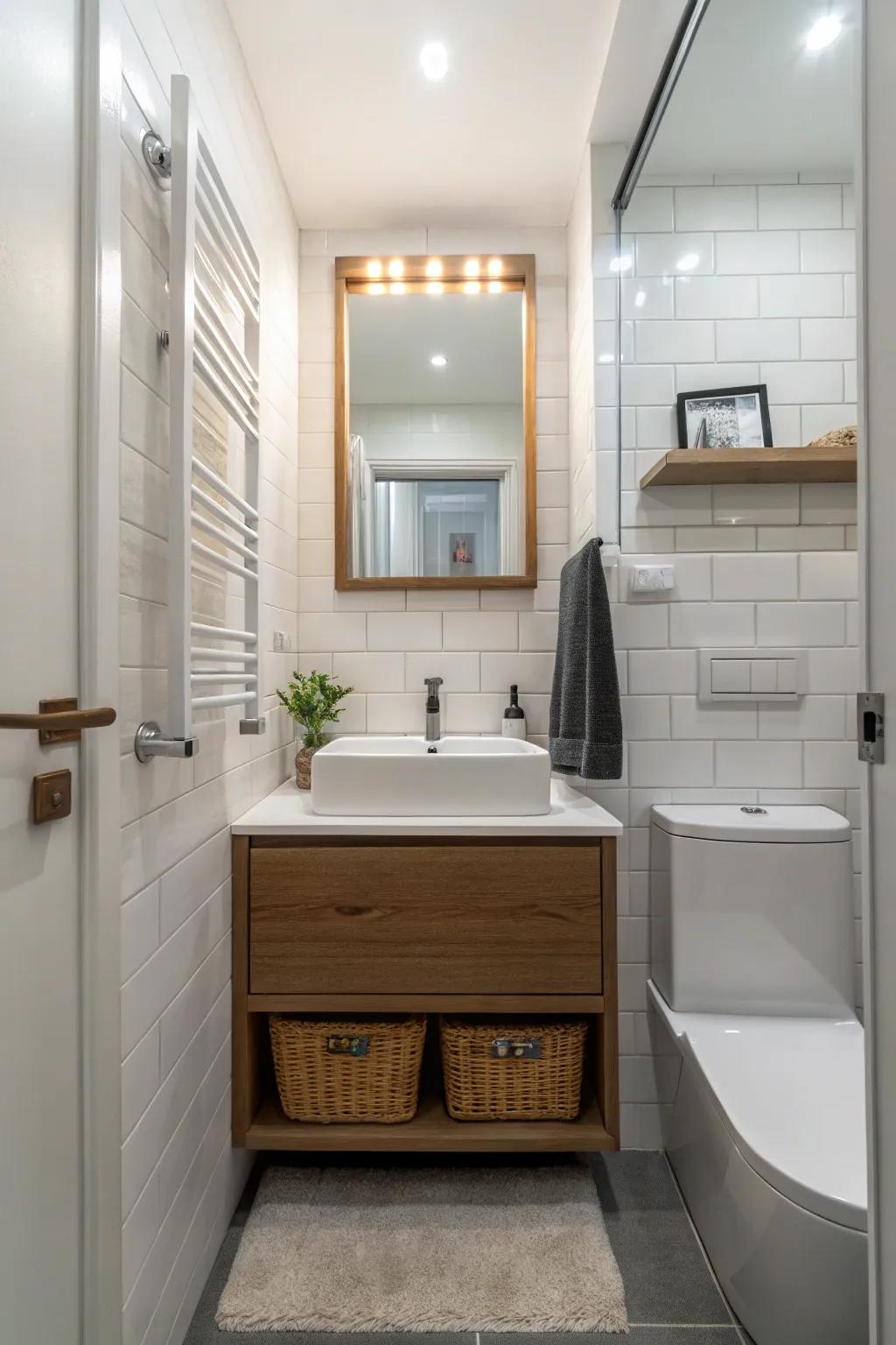 A surface-mounted vanity adds modern flair to this compact bathroom.