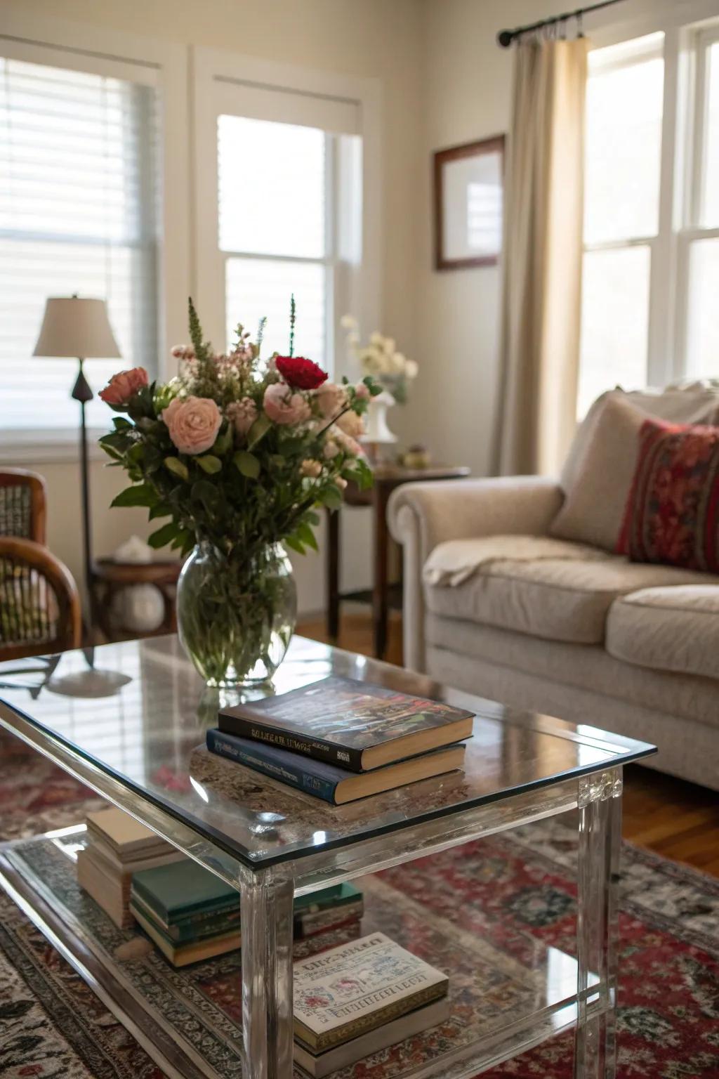A compact living area featuring a transparent glass coffee table.
