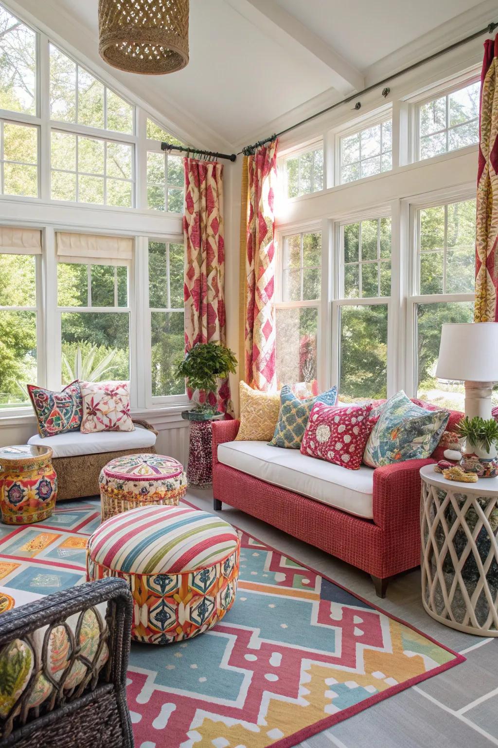 Bold patterns bring a dynamic feel to this modern sunroom.