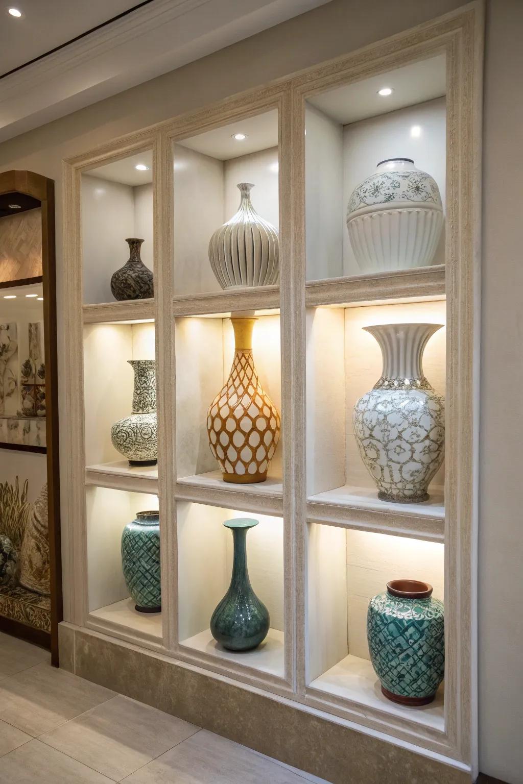 A wall niche showcasing a collection of art vases for a unified display.