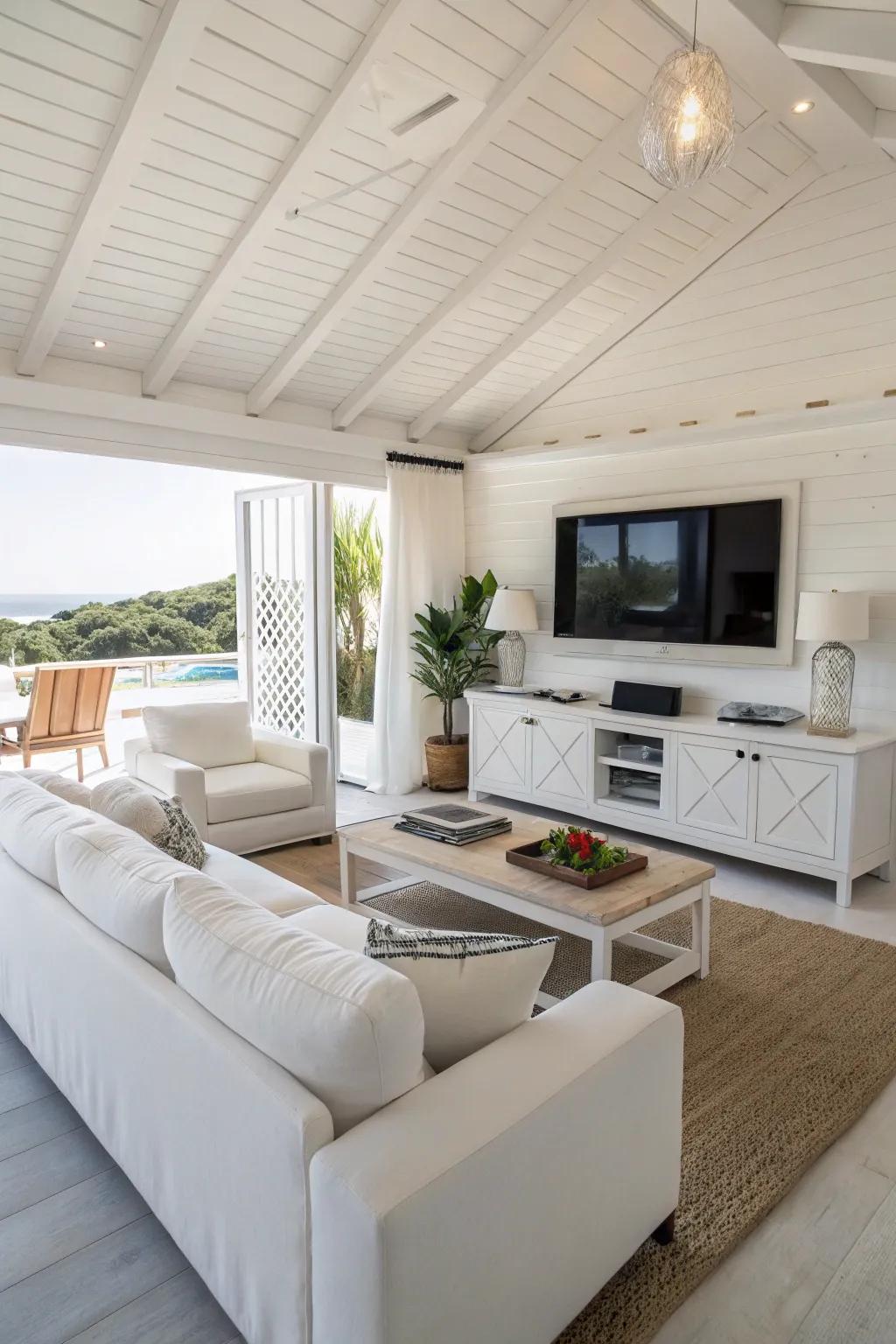 Functional seating arrangements enhance usability in a white living room.