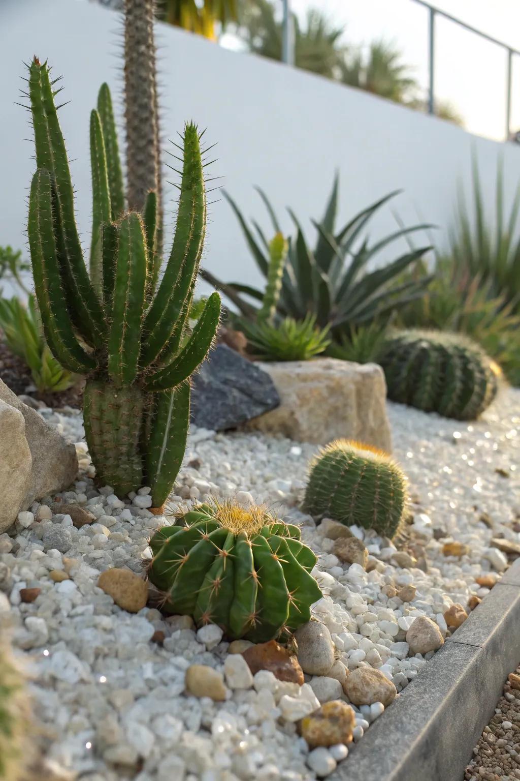 A modern desert oasis featuring thorny plants encircled by crystal granules, delivering a spirited escape.