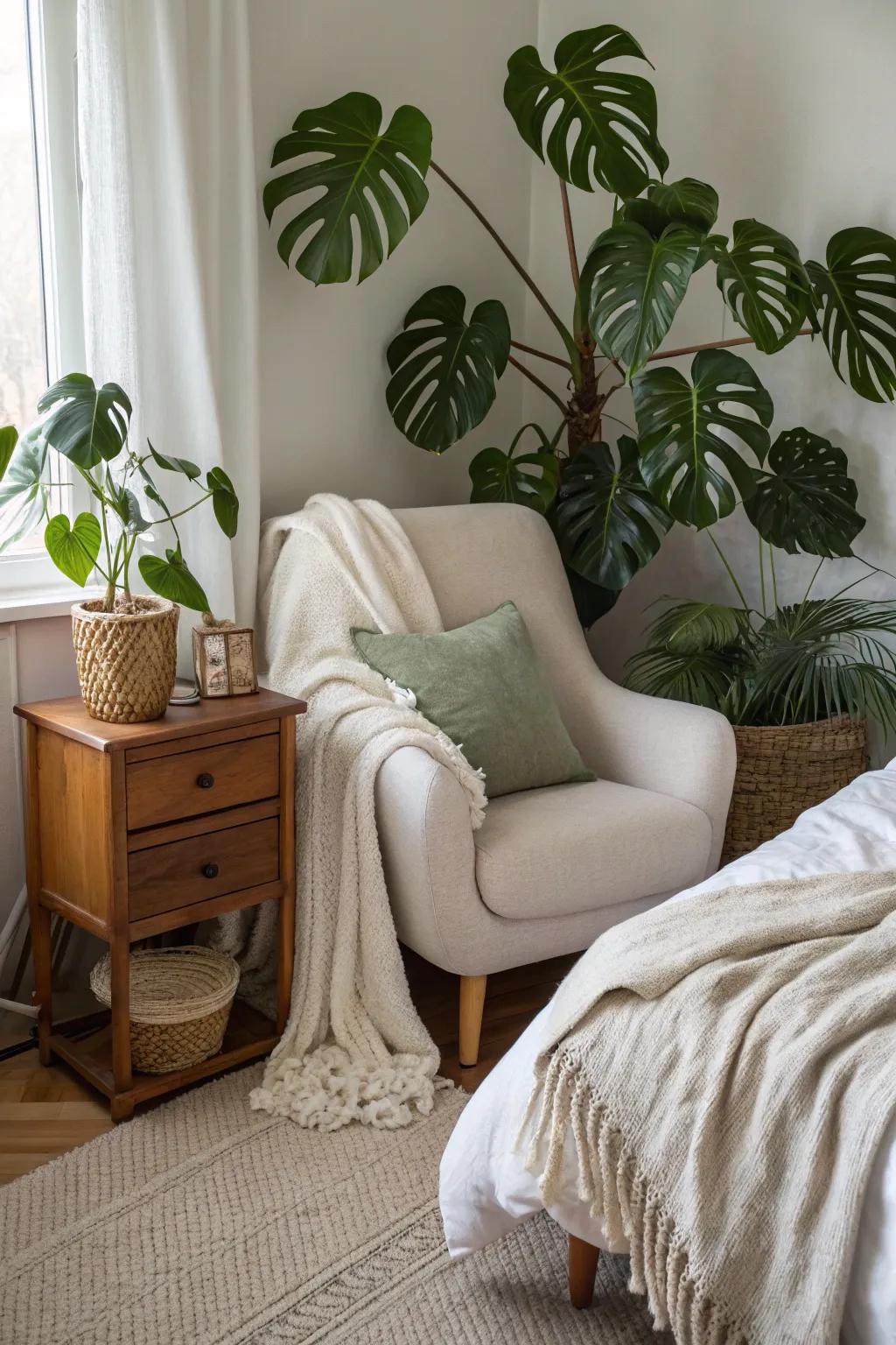 Monstera leaves accentuate a tranquil bedroom retreat.