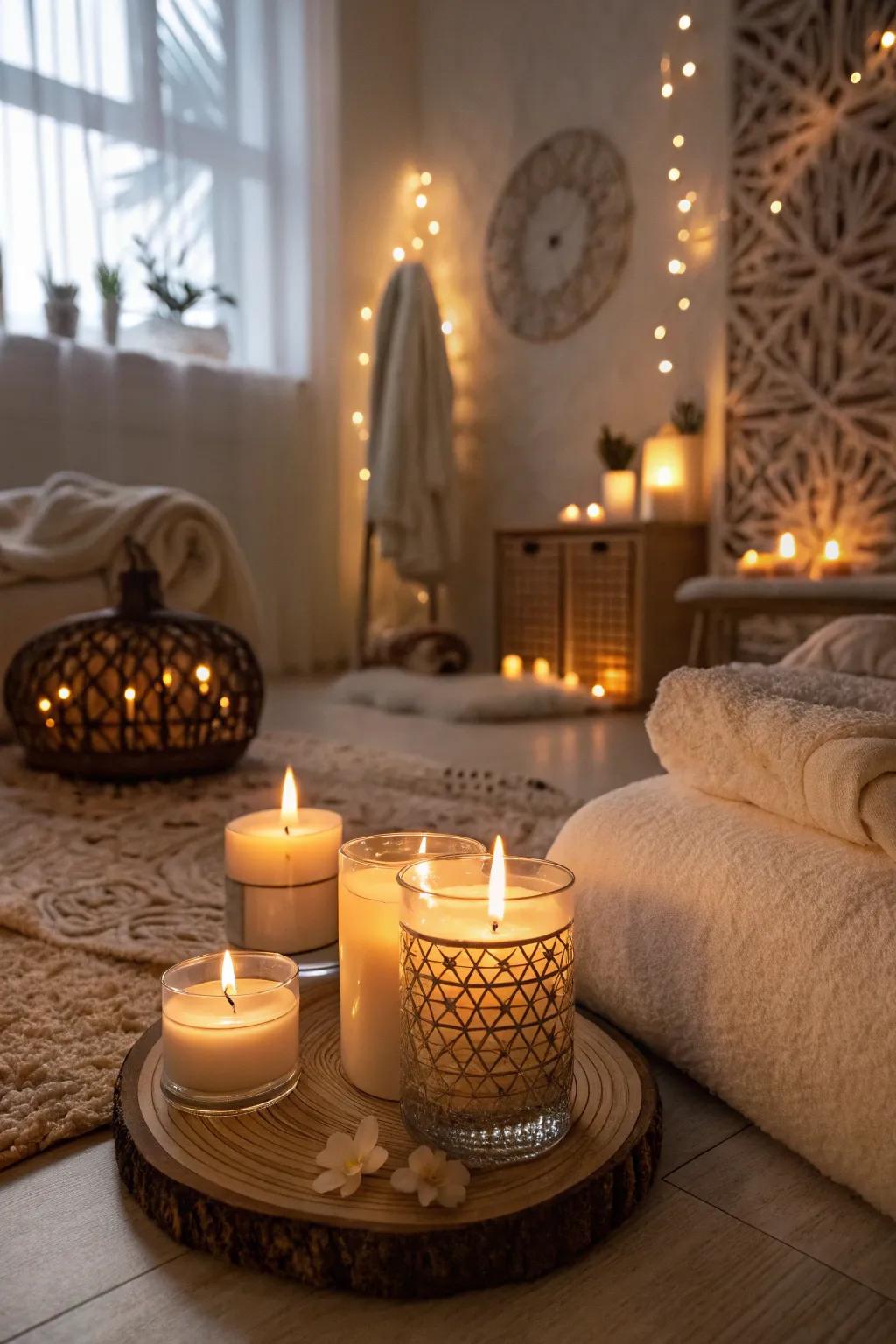 Scented candles introduce a soothing ambiance to the space.