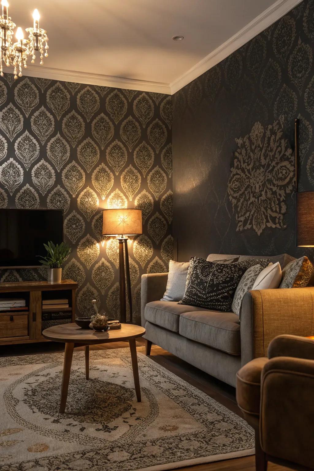 Dark wallpaper adding intrigue to a calmly lit living room.