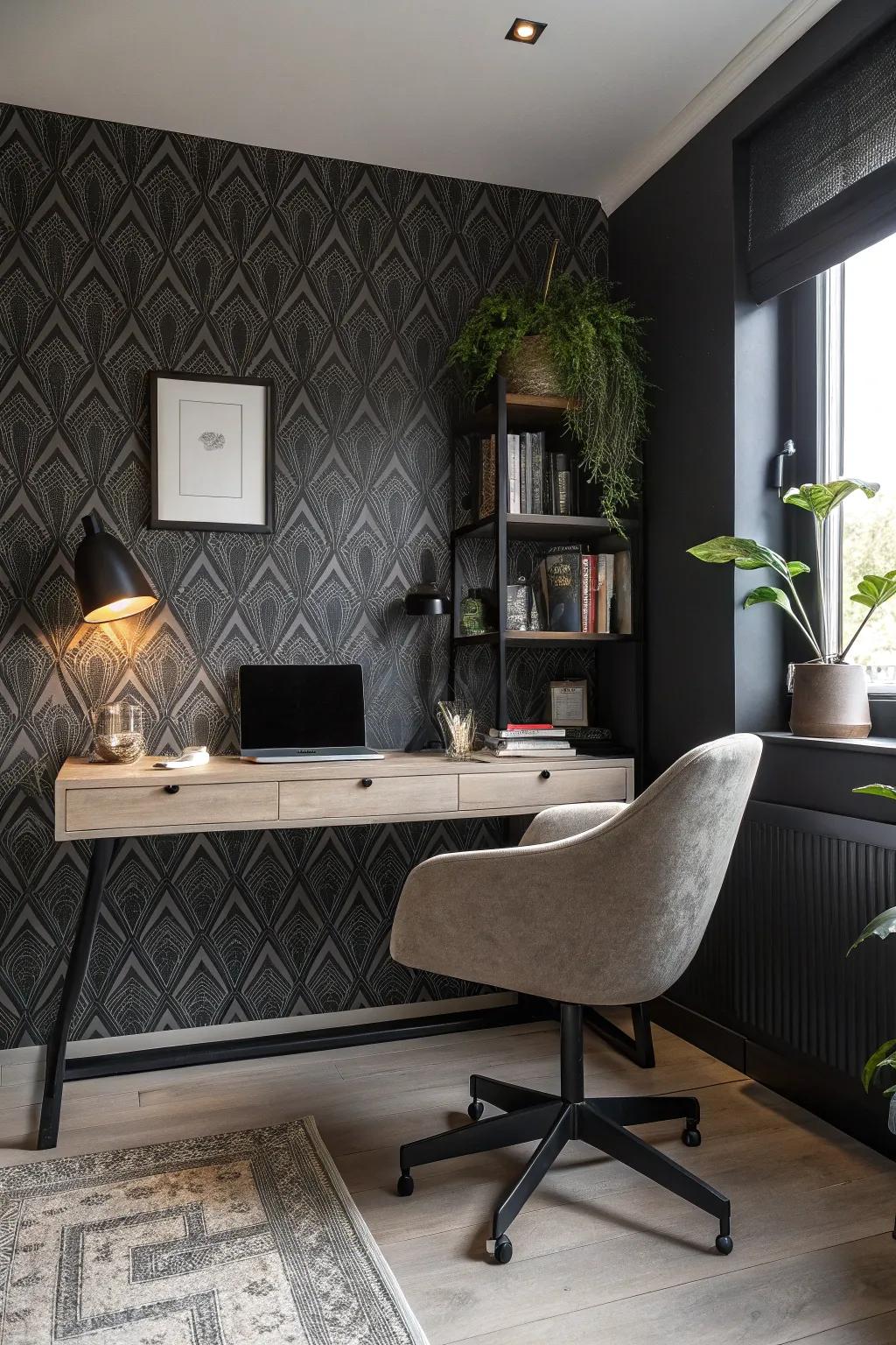 Atmospheric wall covering creates an instantly dramatic office environment.