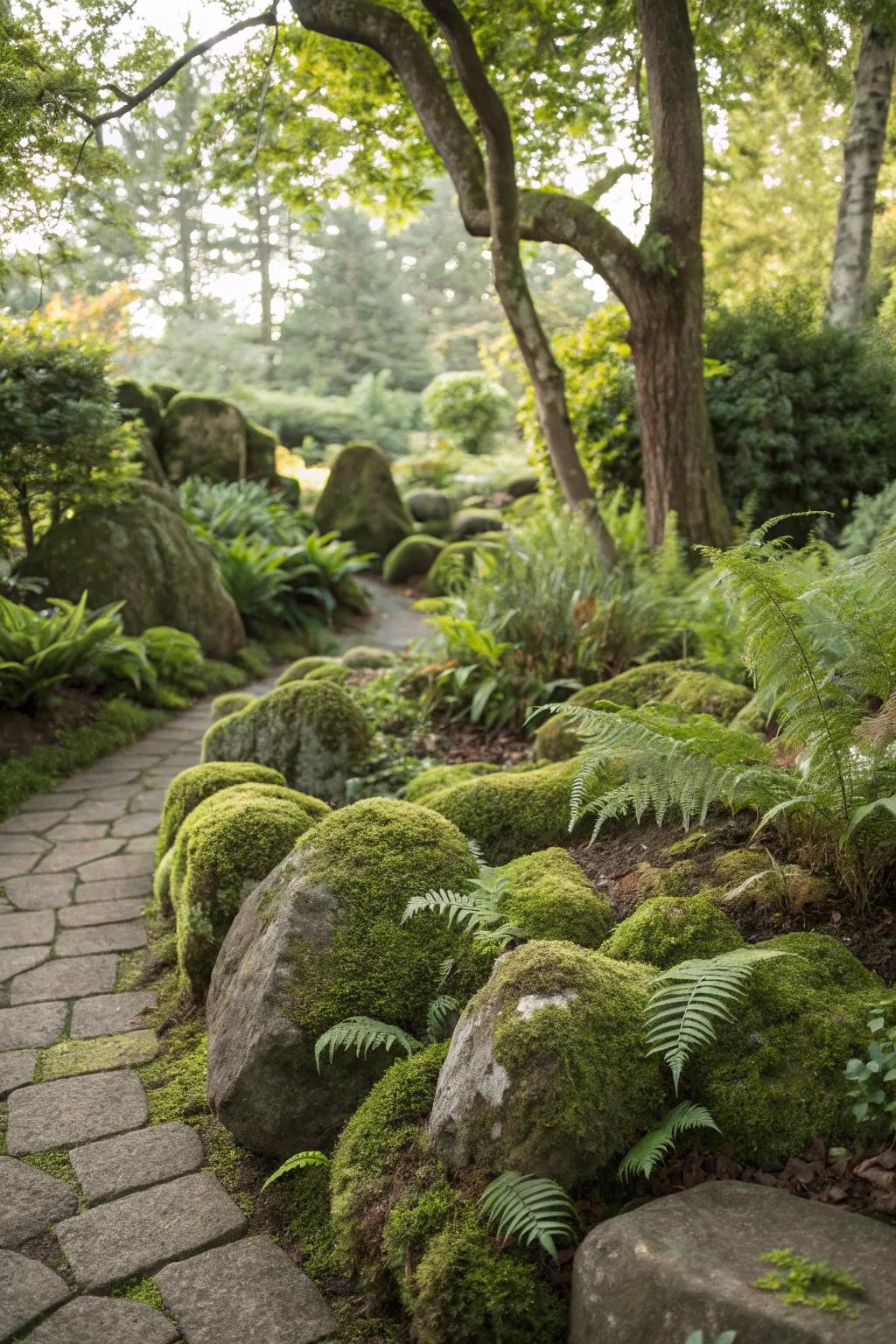 A lush garden bed combining moss stones and vibrant ferns.