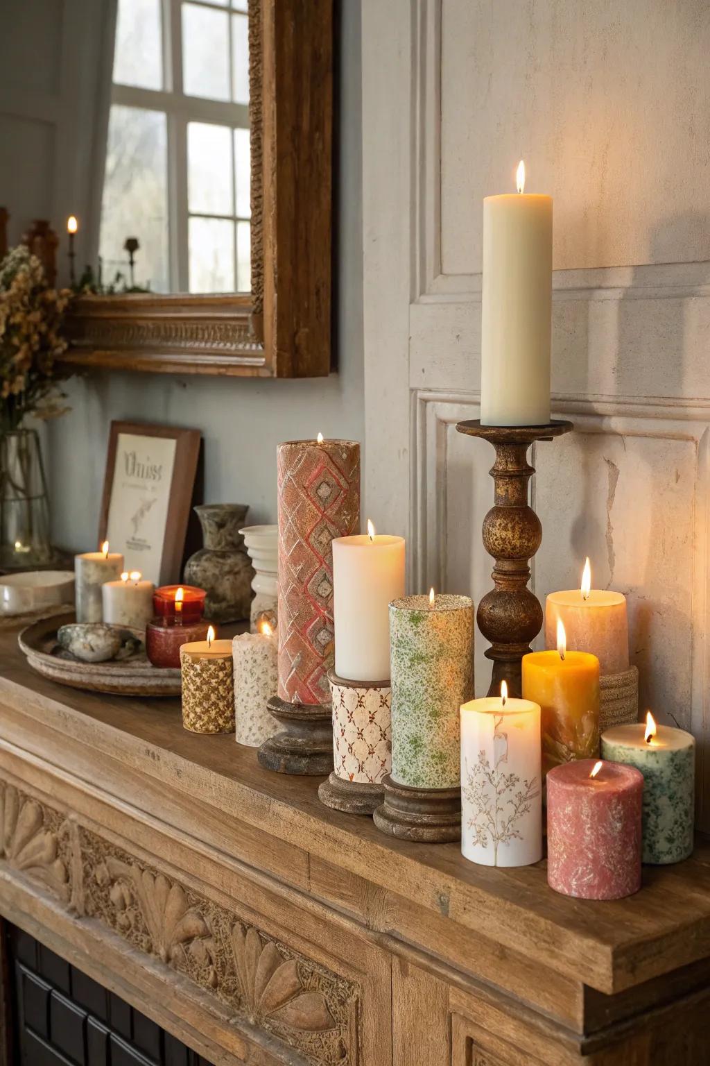 An assorted array of flame vessels fashions a welcoming and intimate radiance.