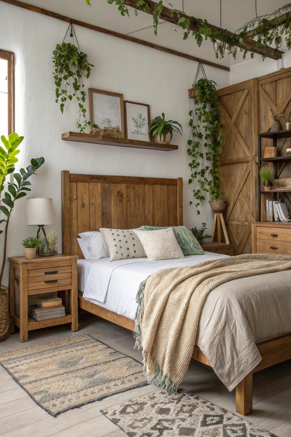An impressive bedroom showcasing an exclusively made wood headboard as a central point.