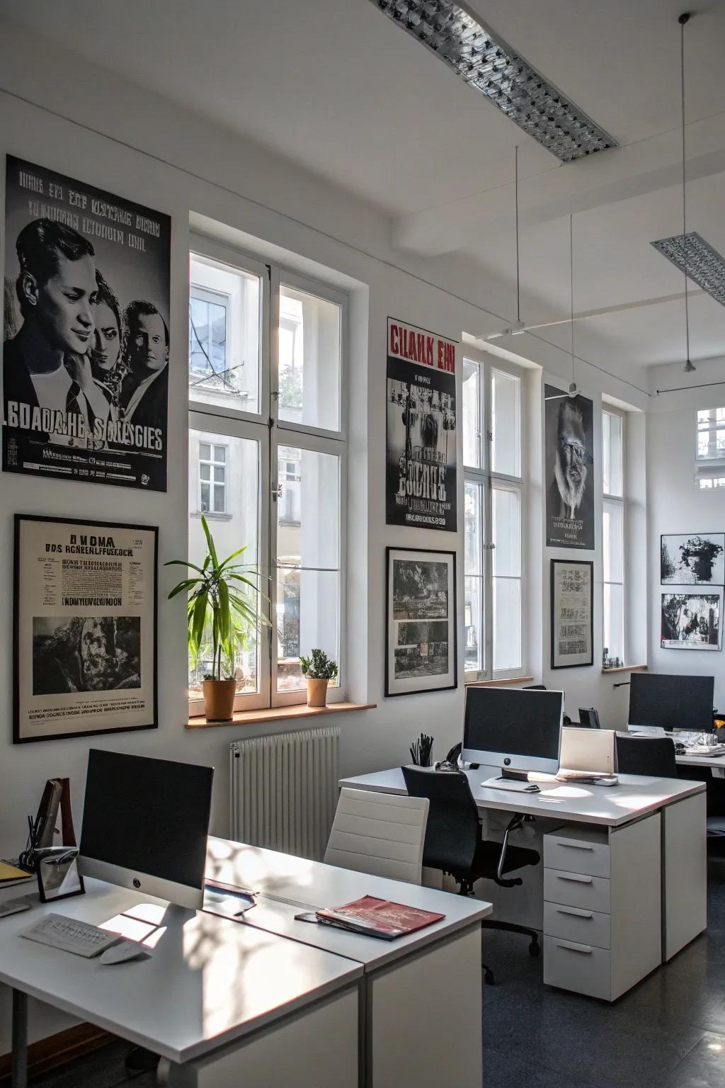 A workspace featuring monochrome movie art.