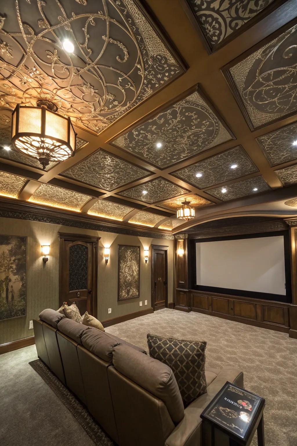 A statement ceiling offers an unexpected surprise to your movie room.