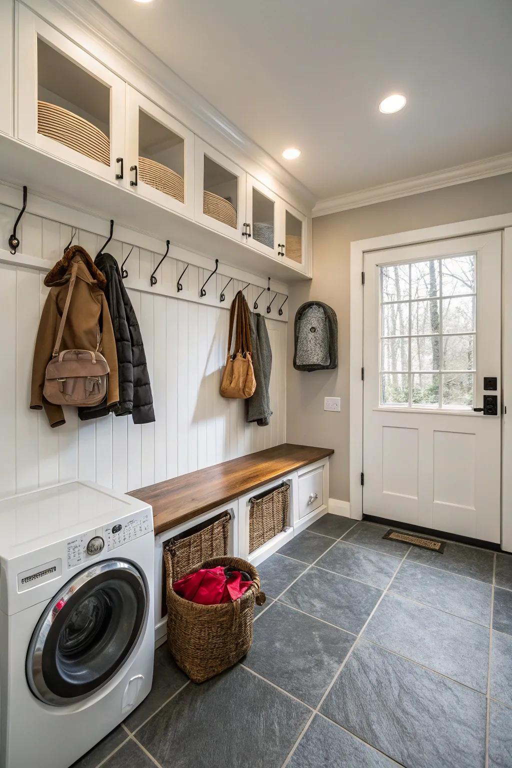 An entryway that serves as a laundry space.