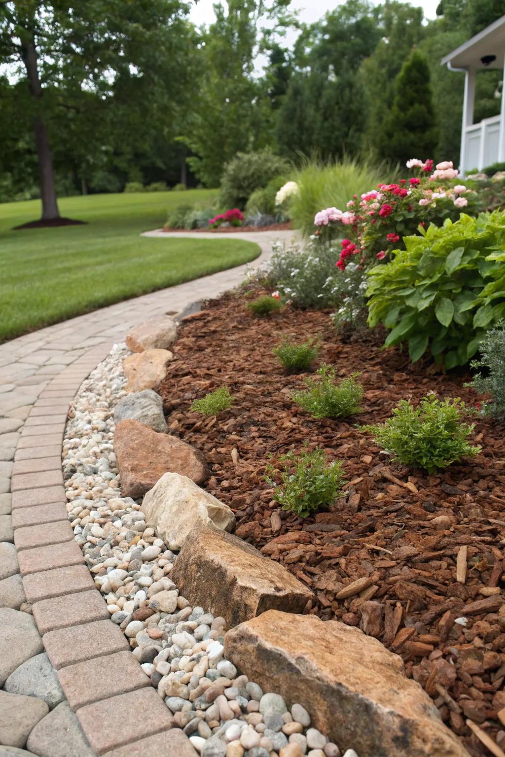 Artistic stones add depth to mulch borders.