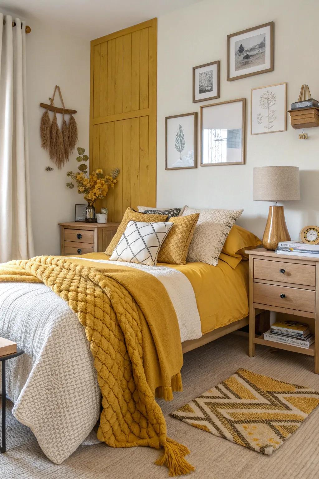 A bedroom exhibiting monochrome wheat decor along with varied textures.