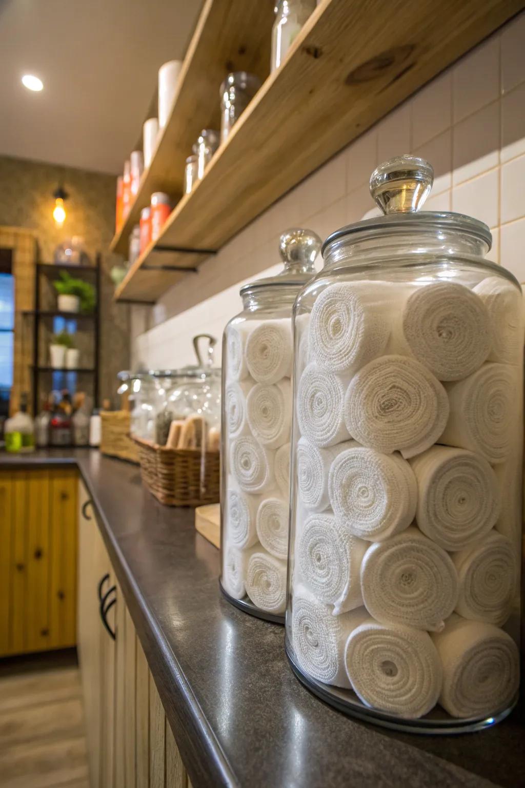 Glass jars offer a vintage and space-efficient napkin storage solution.