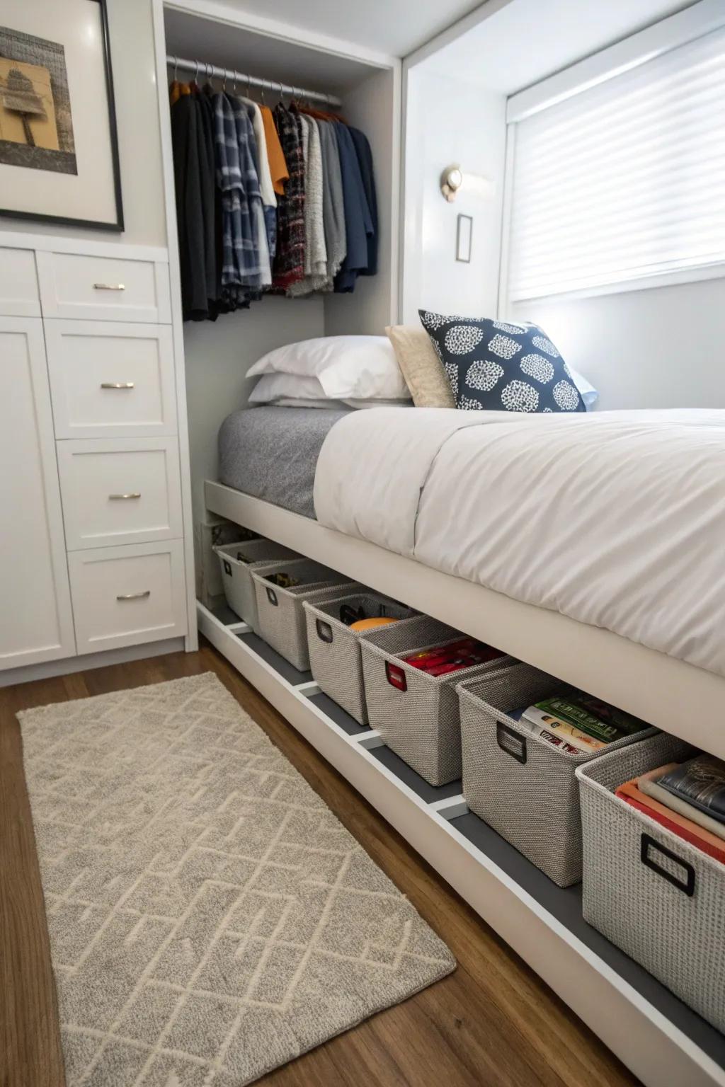 Under-bed storage keeps essentials organized in a slender bedroom.