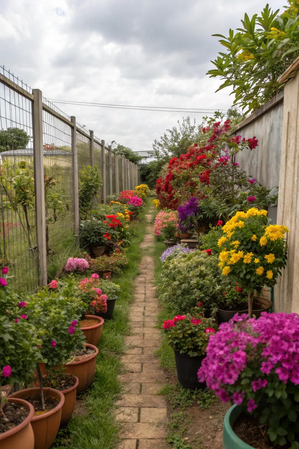 Container gardening offers colorful flexibility in a narrow space.