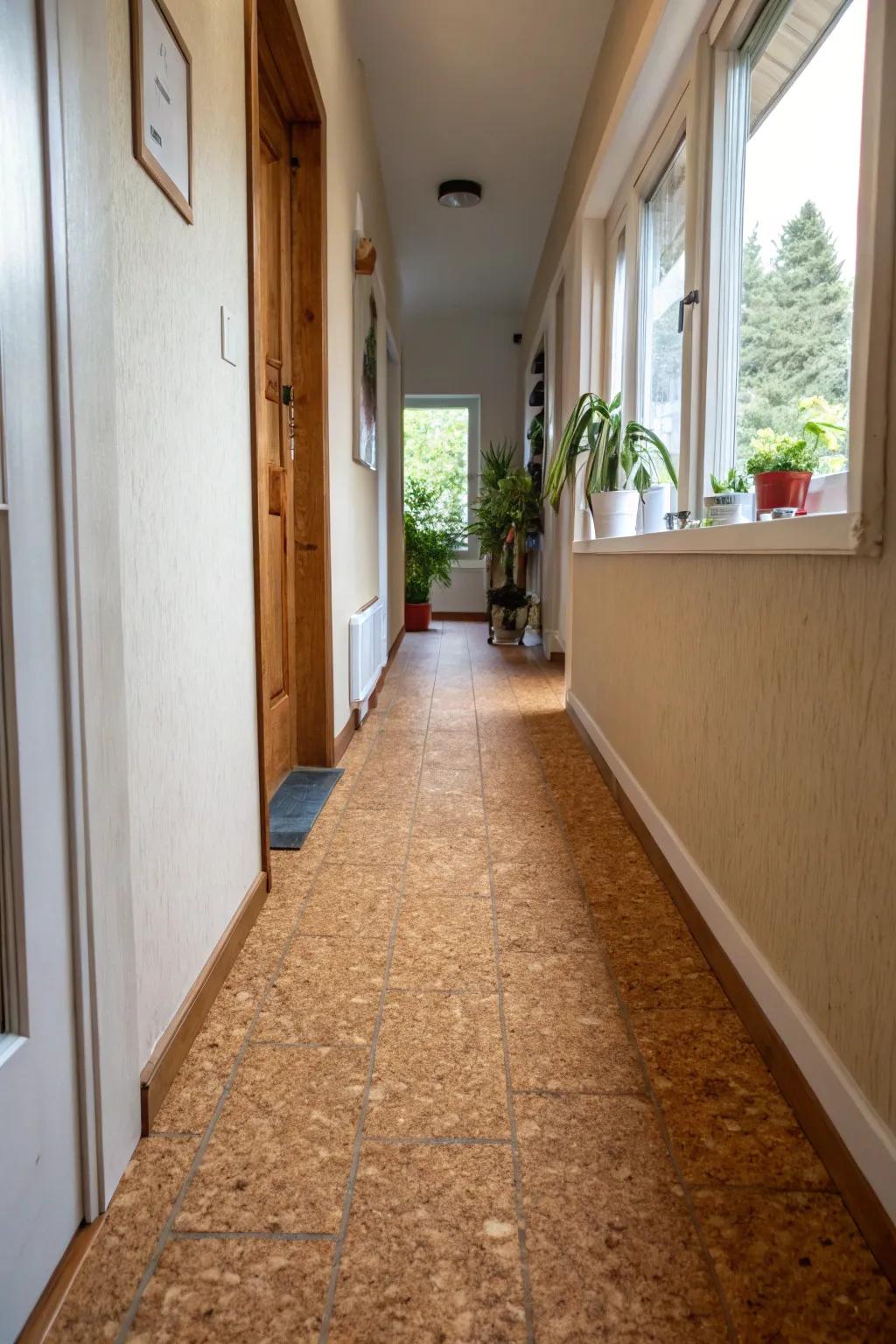 Woodskin flooring provides a soft and eco-friendly choice for narrow hallways.