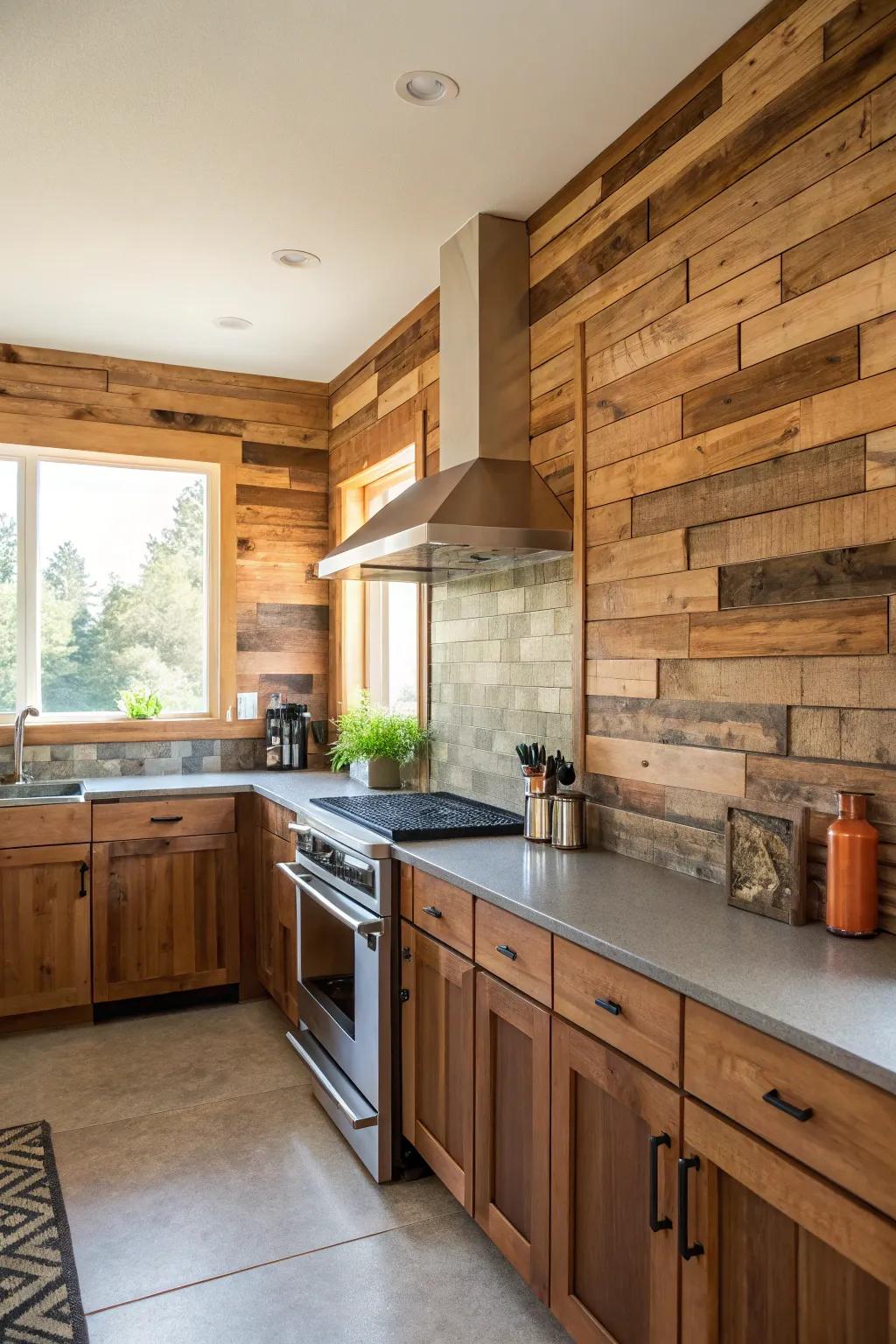 A timber plank backsplash fashioning an audacious design proclamation.
