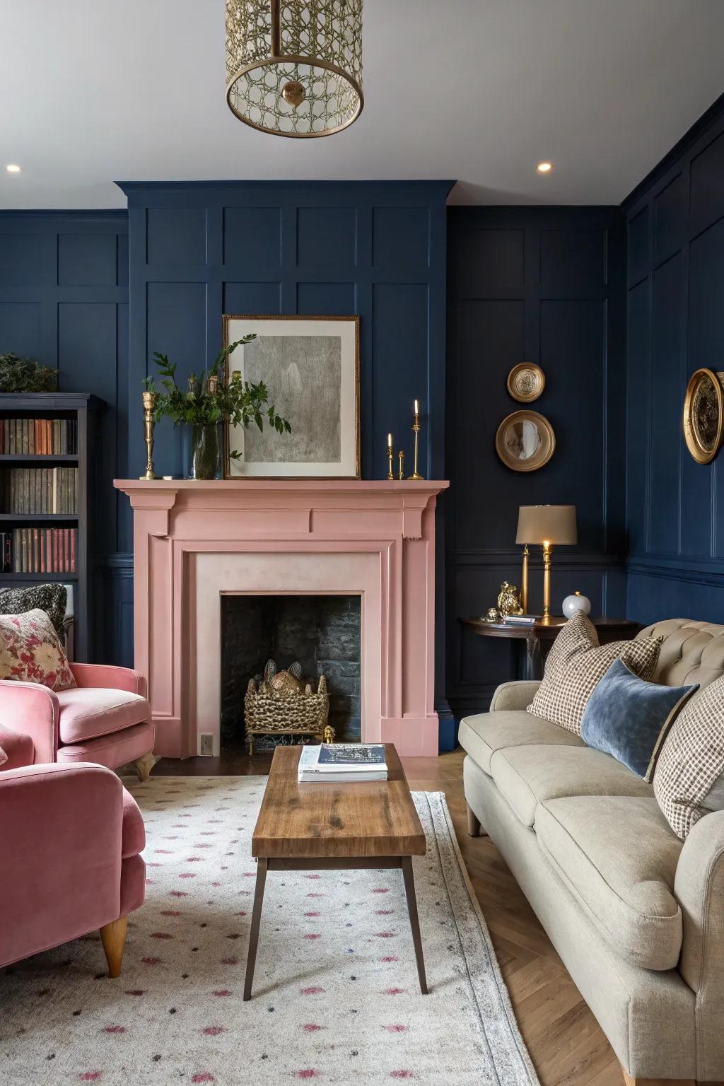 A rose mantel serves as a bold focal point in the living room.
