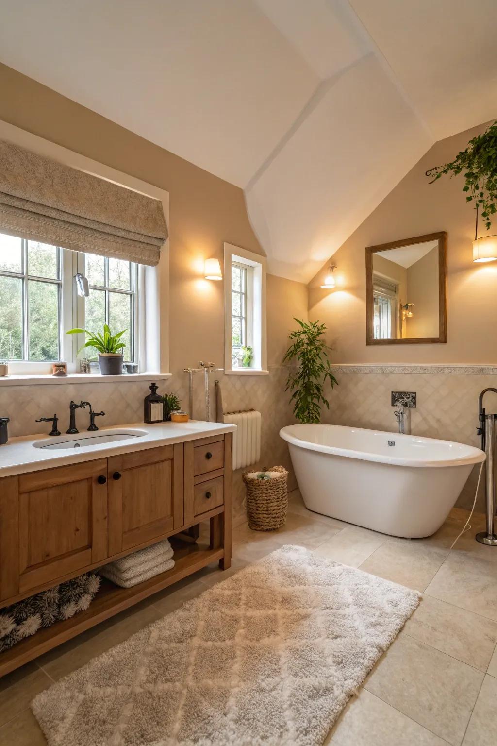 Soft illumination and warm shades create a cozy bathroom ambiance.