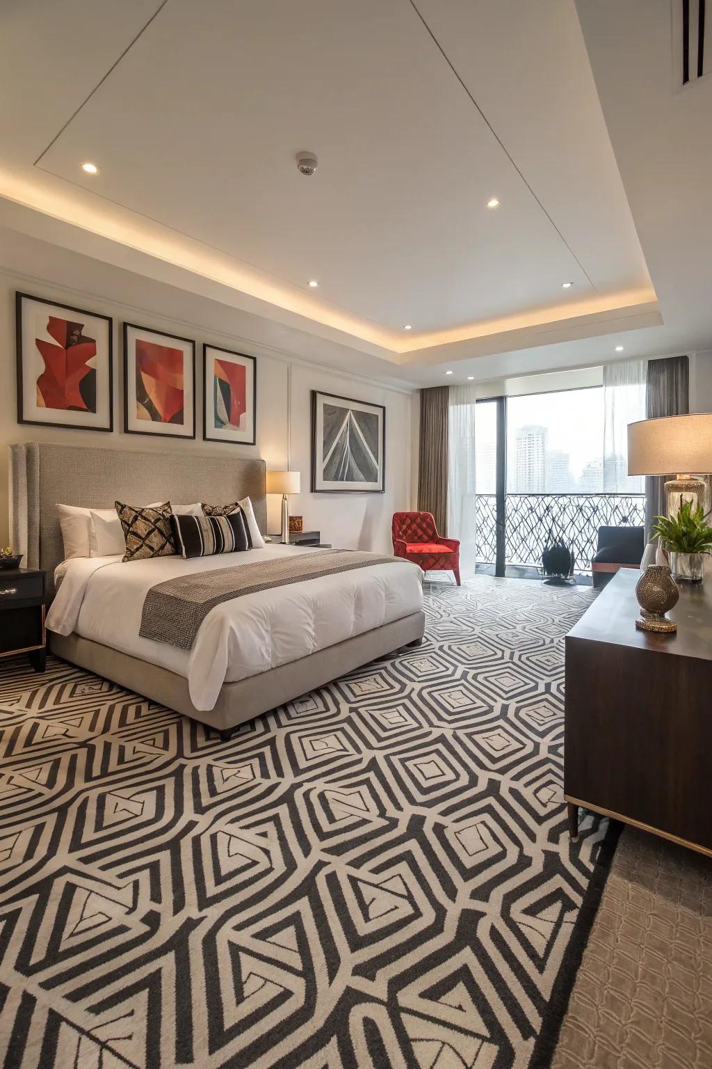 Patterned carpets deliver a contemporary twist to bedroom design.