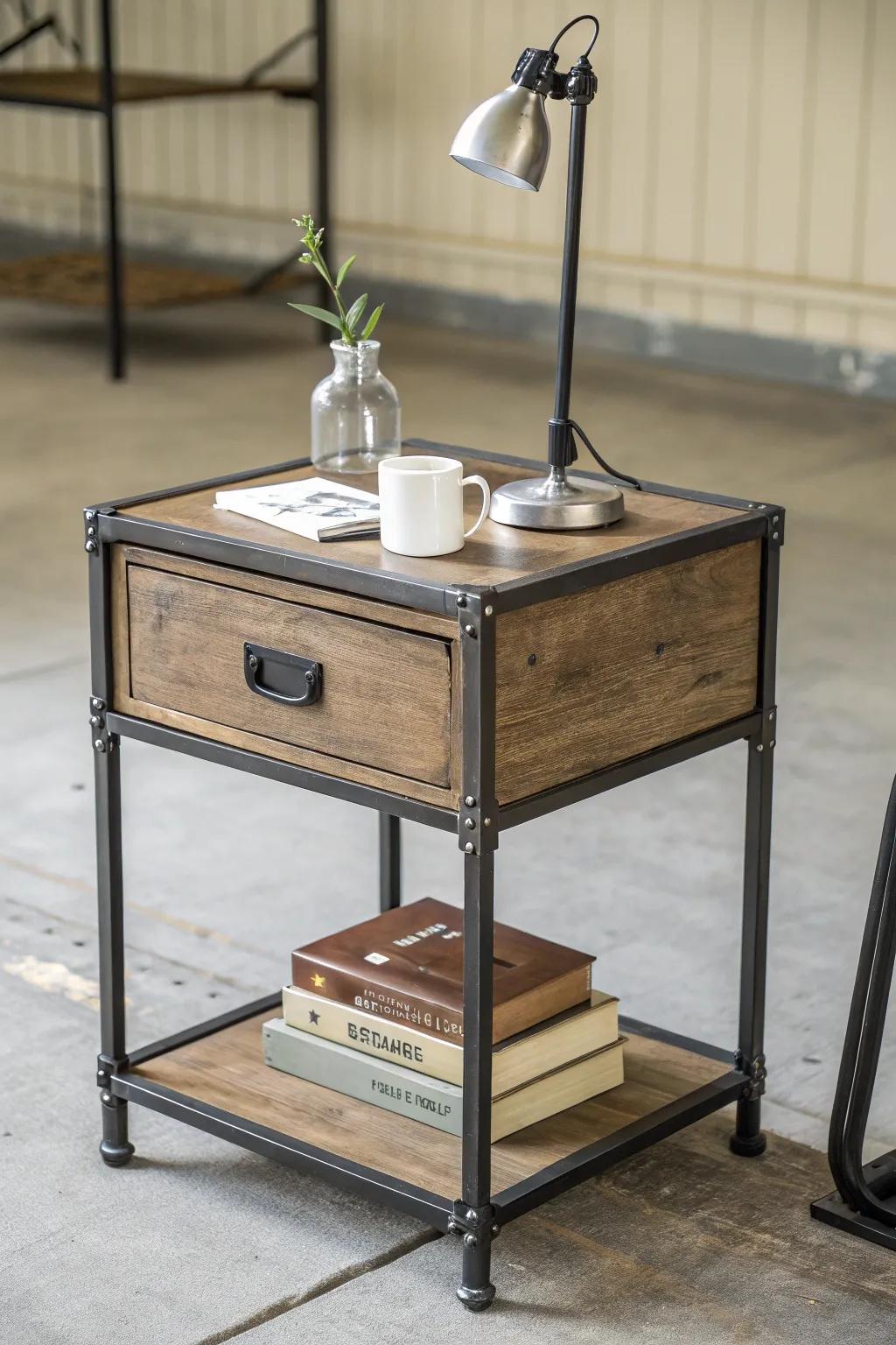 Introduce an edgy, modern vibe with an industrial-style nightstand.