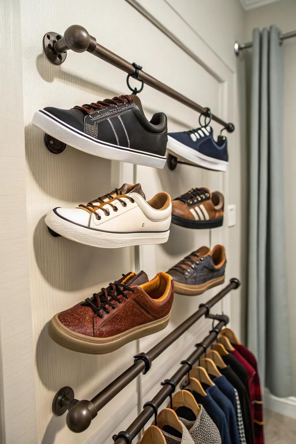 Curtain rods offer a unique shoe storage option.