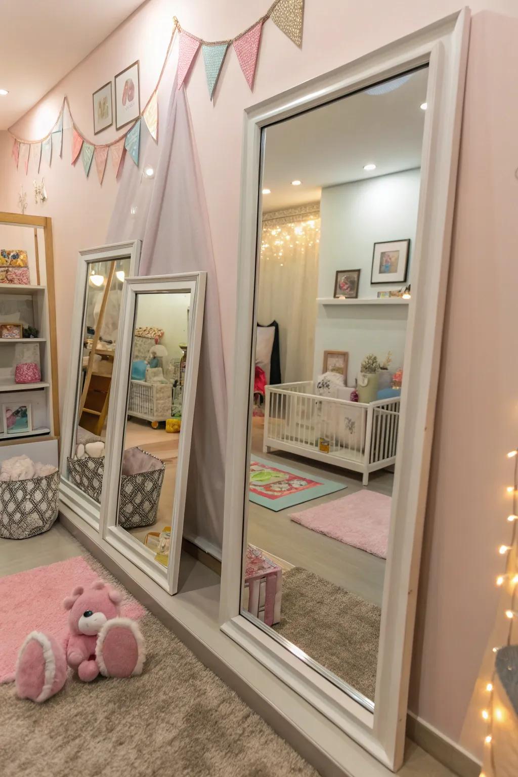 The thoughtful layering of mirrors adds depth and visual interest to this nursery setting.