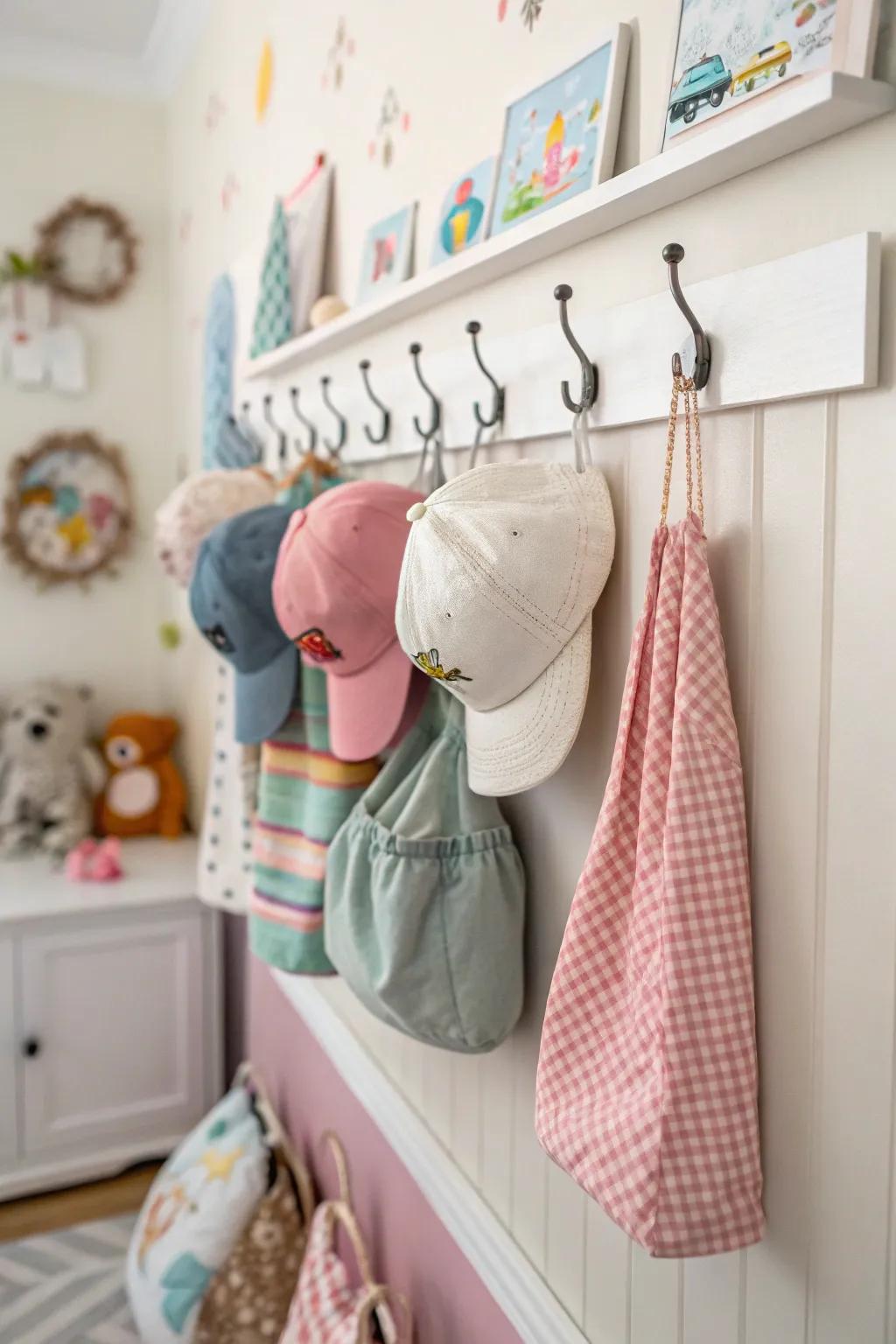 Wall hooks in the nursery for efficient vertical storage.