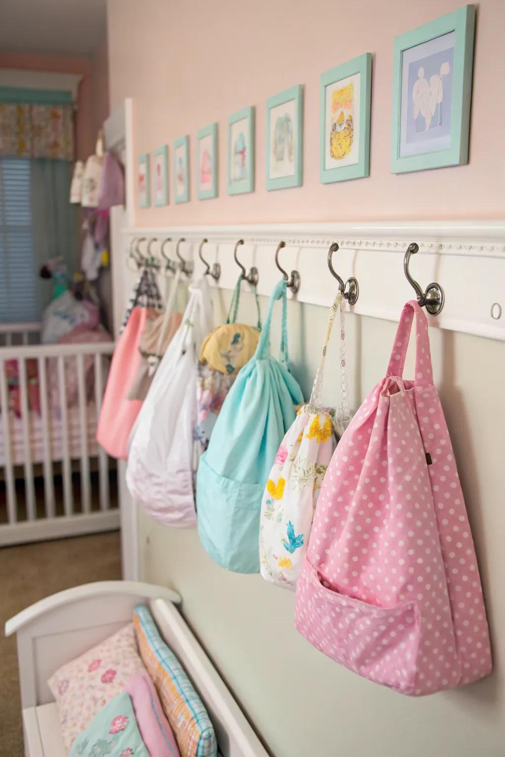 Wall-affixed hooks furnish practical storage for daily-use articles.