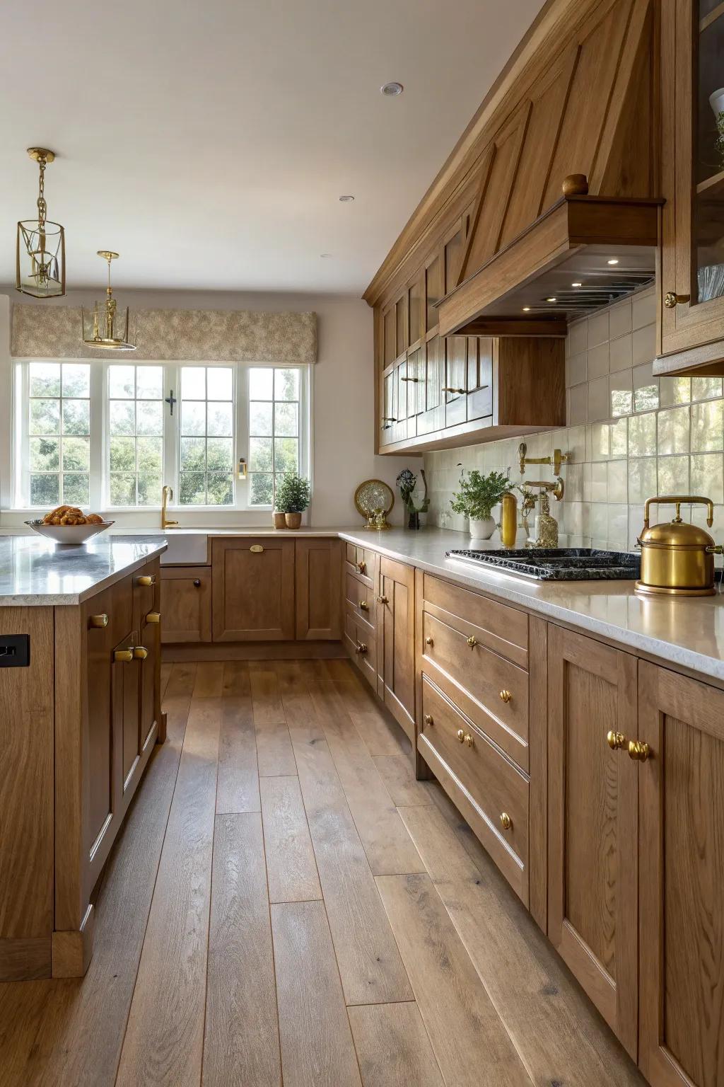 Metallic accents introducing elegance to hardwood floor culinary spaces.