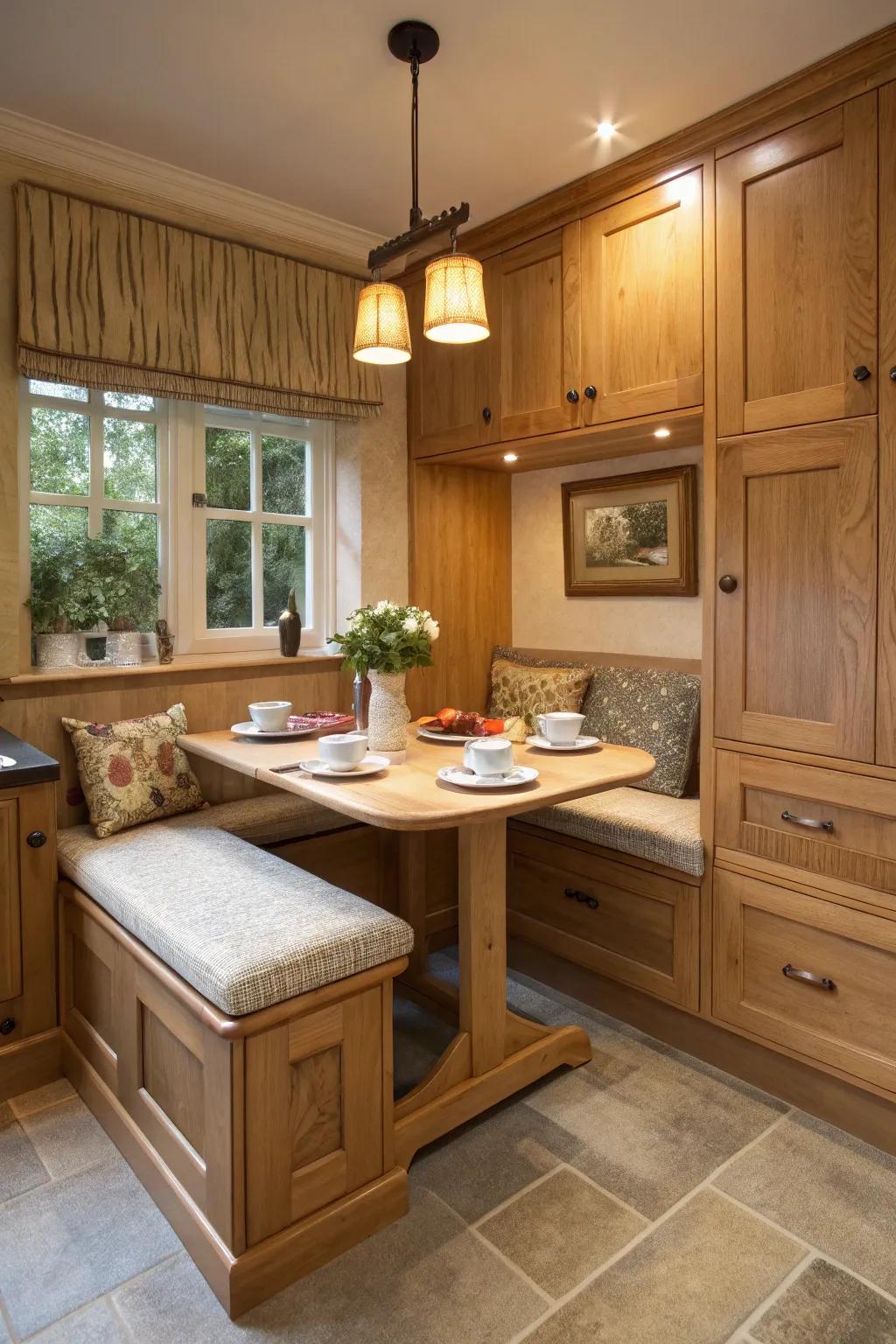 A breakfast retreat provides a cozy spot in an oak kitchen.