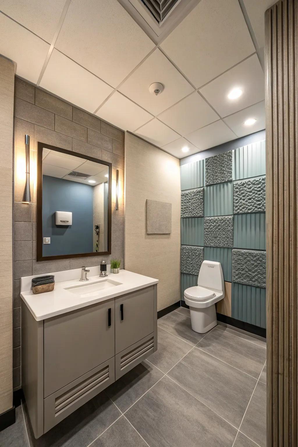 Soundproofing materials ensure a serene and private office restroom experience.