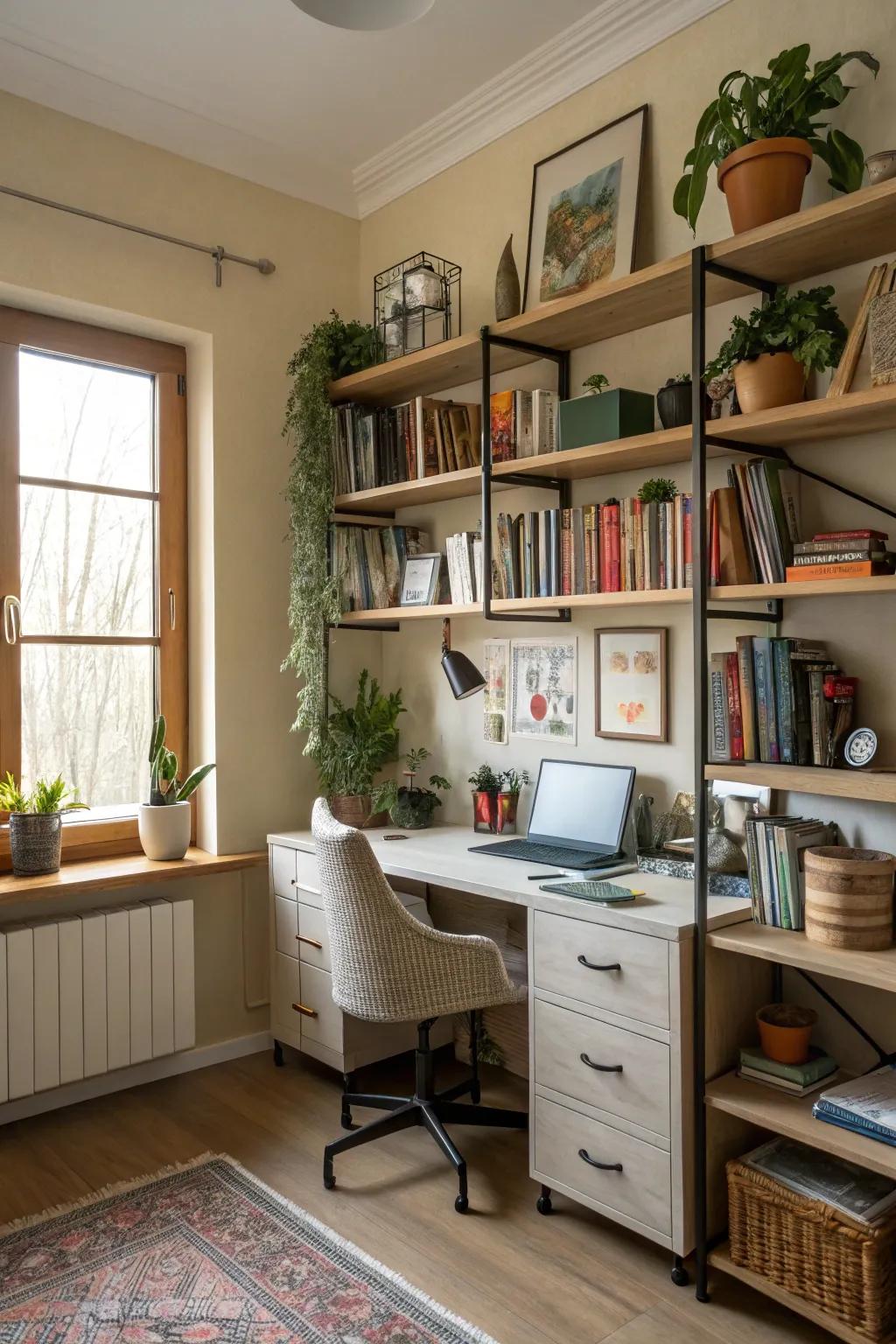 Open shelving allows for stylish and accessible storage.