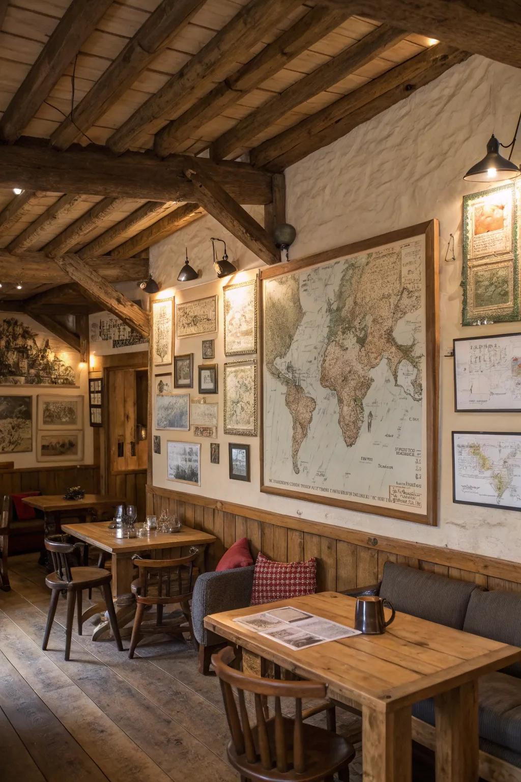 Country-style lodge interior showcasing a feature wall decorated with historical maps.