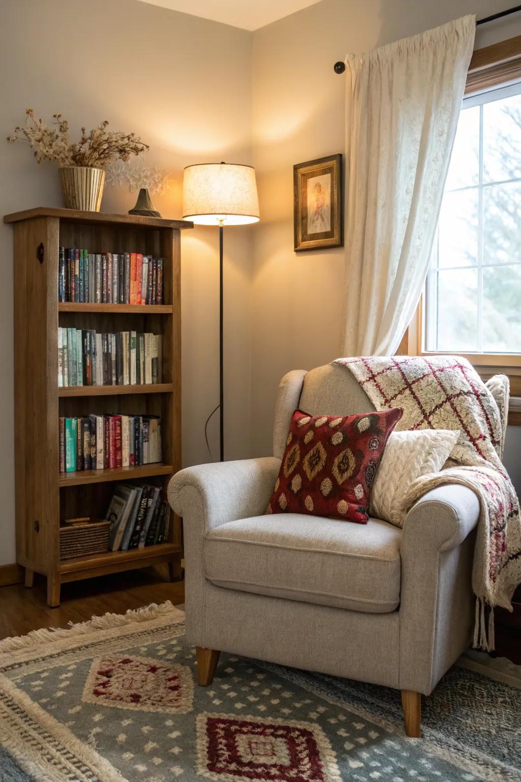 A snug reading alcove provides a secluded retreat.