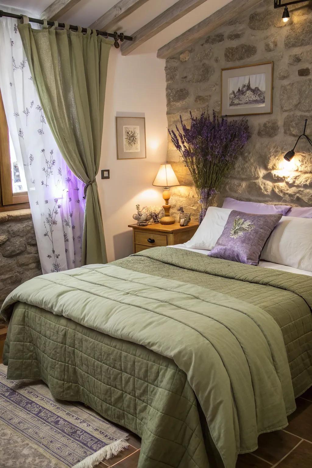 The addition of lavender accents introduces a fresh element to olive green bedding.