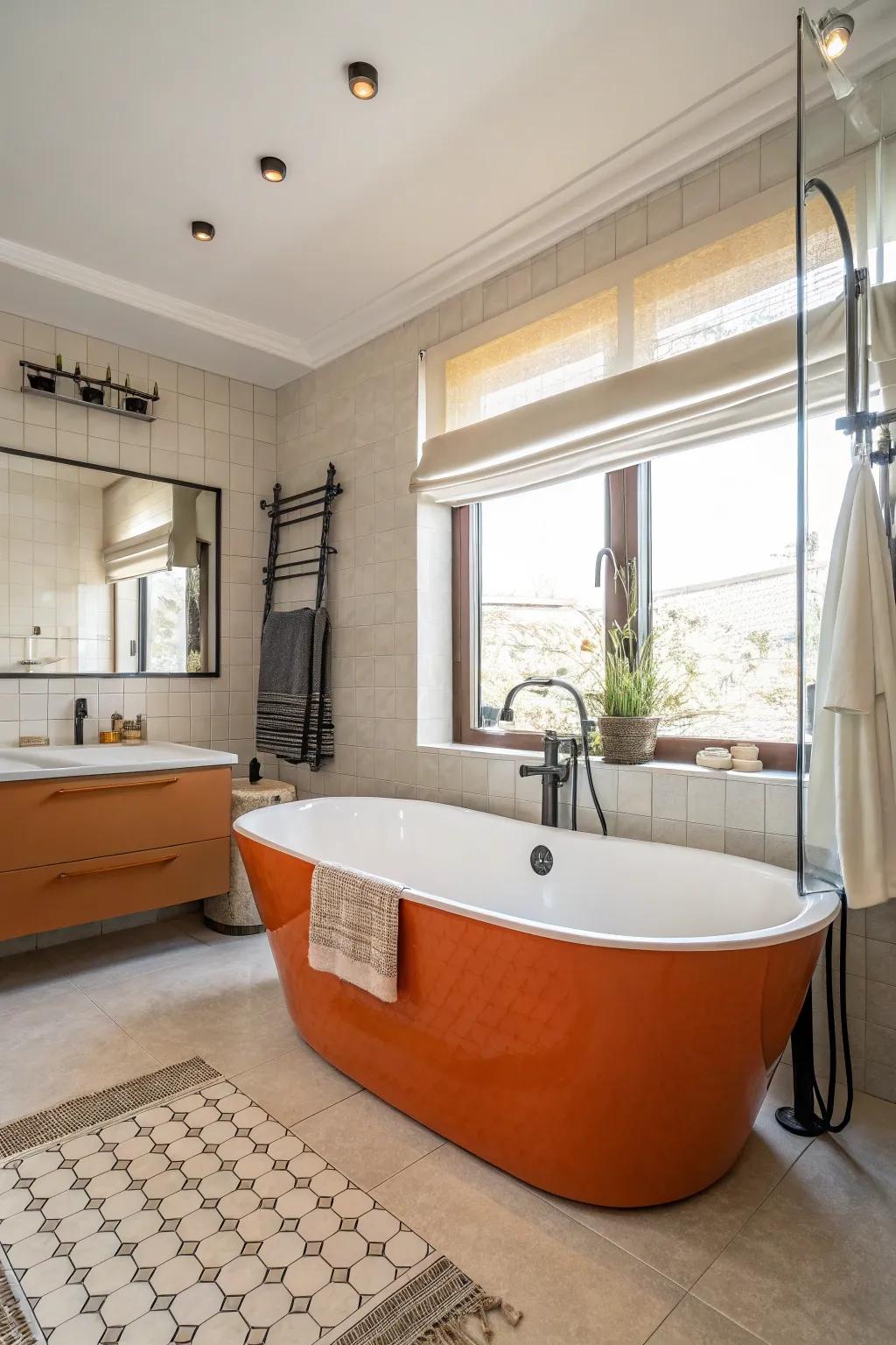 A freestanding orange bathtub as the centerpiece of the bathroom.