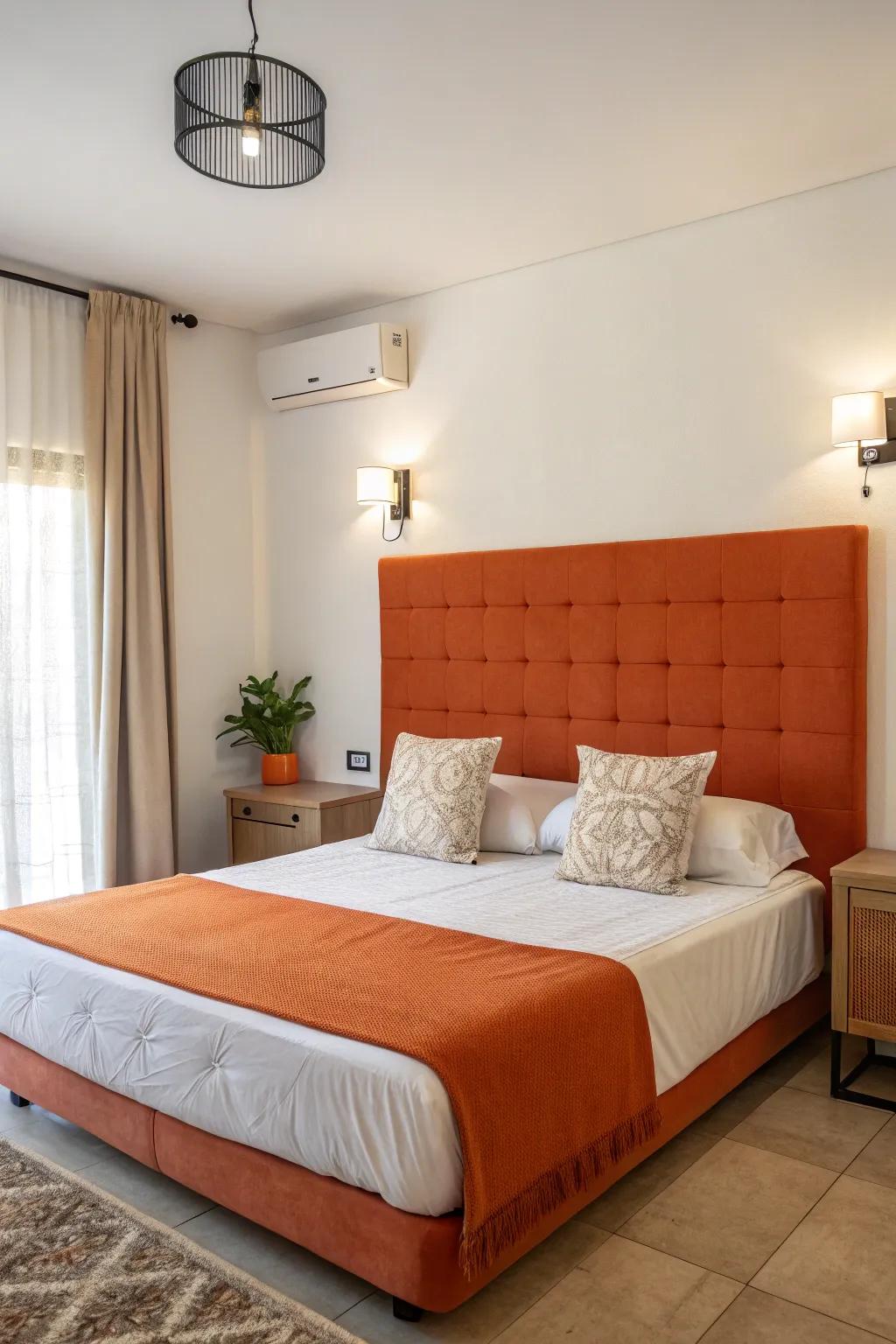 An orange headboard acts as a bold statement piece.