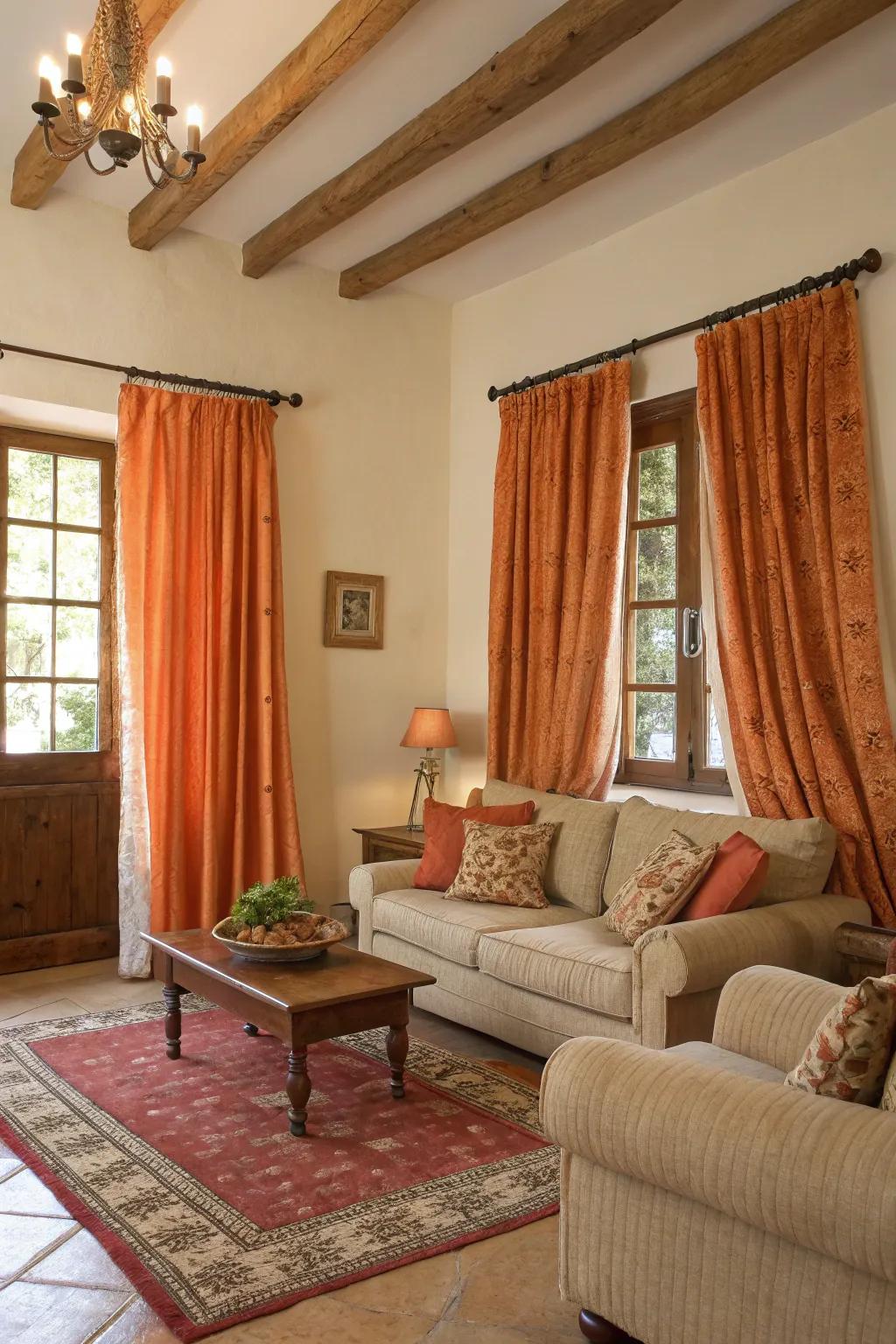 Harmonious earth tones complemented by orange window coverings.