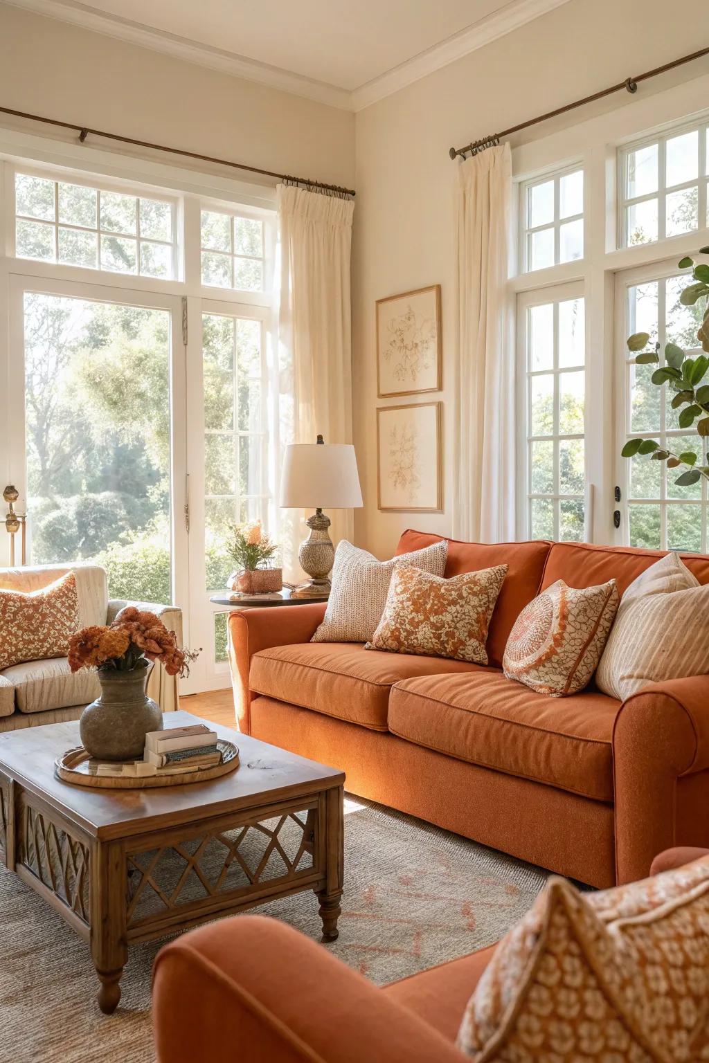 A harmonious living space with a blend of orange and neutral design.