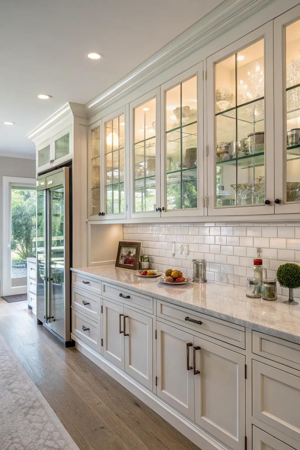 Glass components enhance the sense of openness and brightness within the kitchen.
