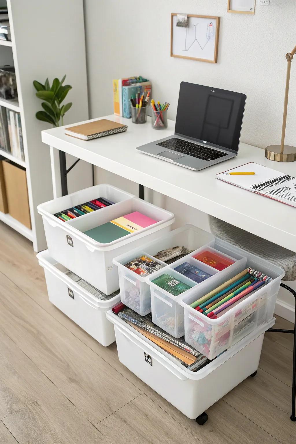 Utilize under-desk space for discreet storage.