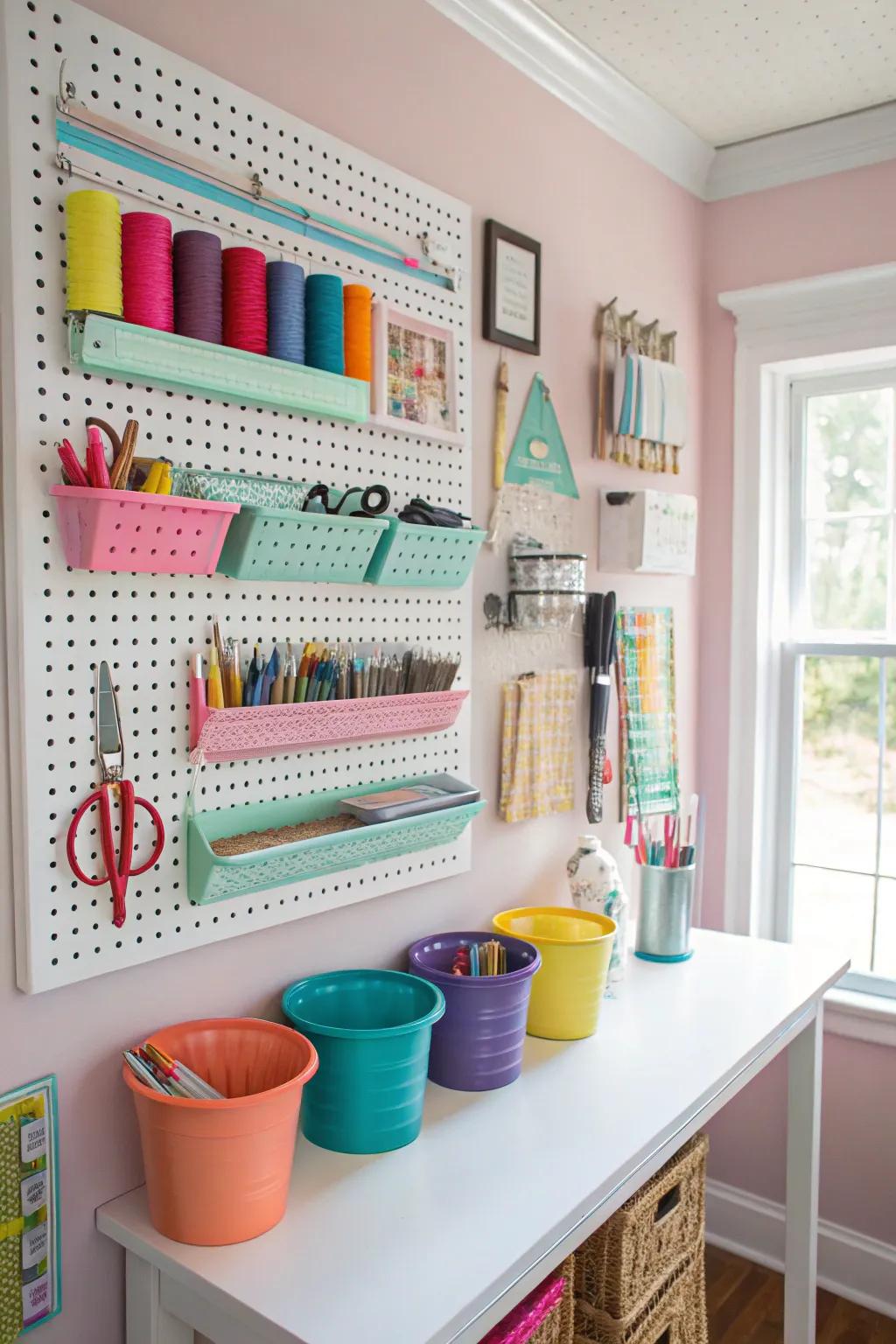 Pegboards provide versatile storage options.