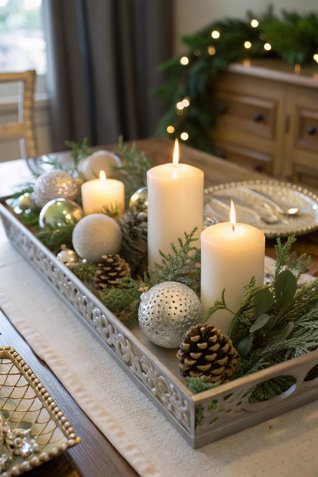 A stylish focal point featuring a decorative platter of ornaments.