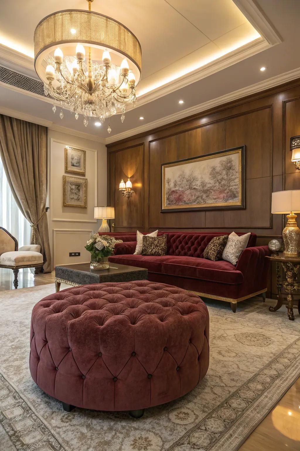 A plush ottoman introduces a luxurious feel to a glam-inspired room.