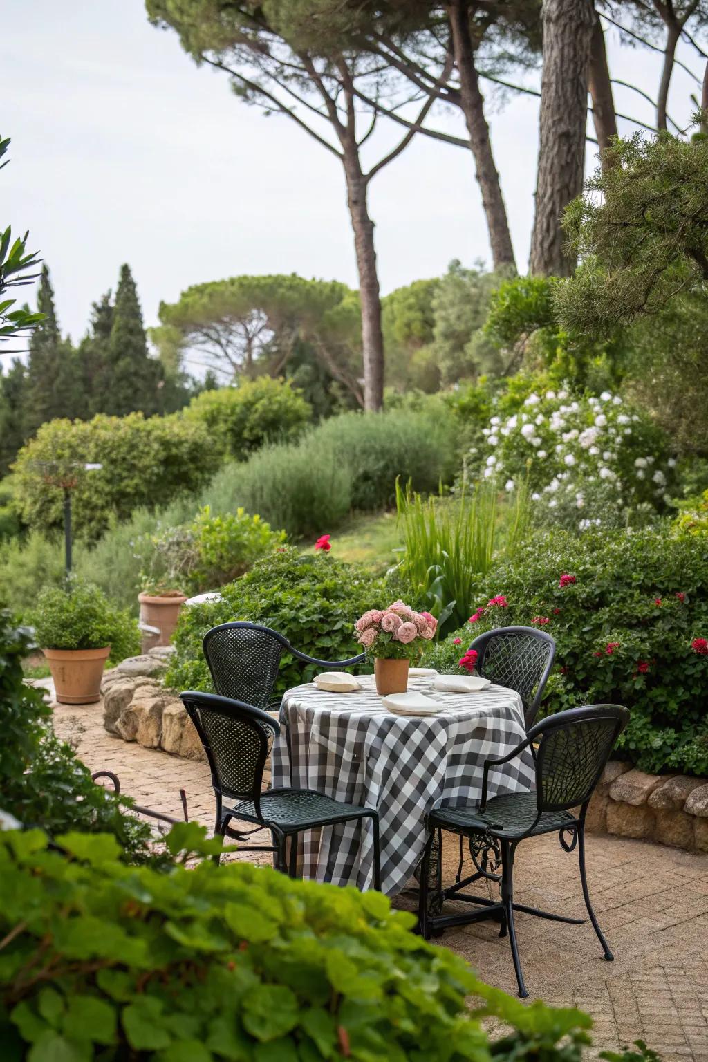 Design a green oasis through plant decorations around your bistro set.